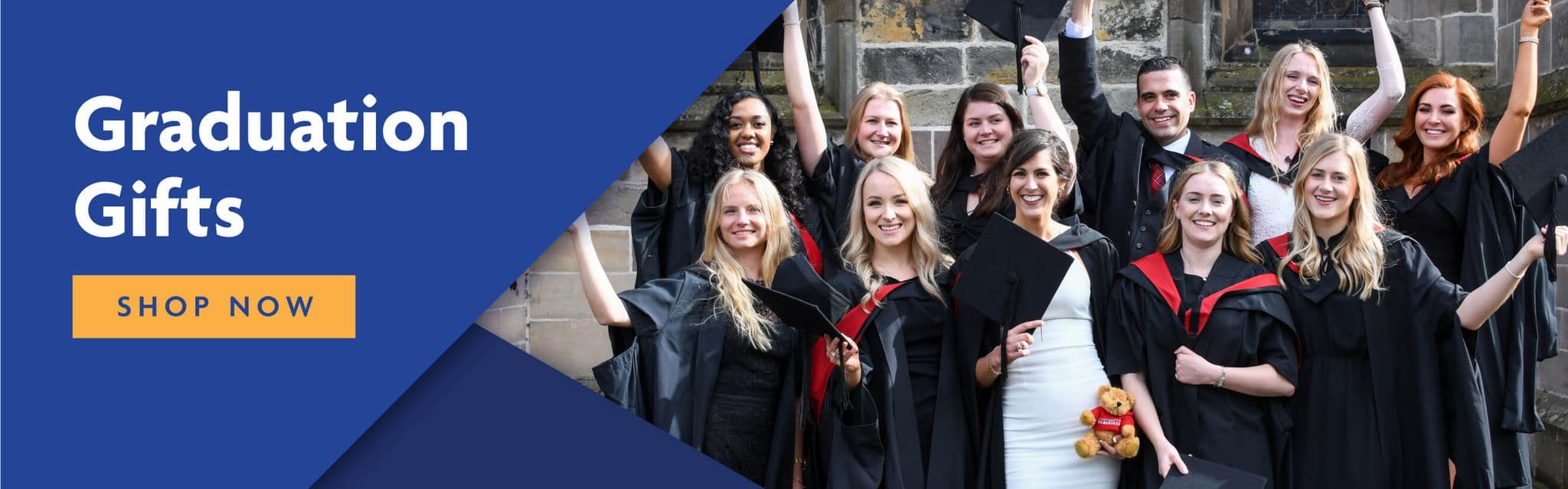 Graduation gifts to the left shop now button underneath people in graduation robes image next to it