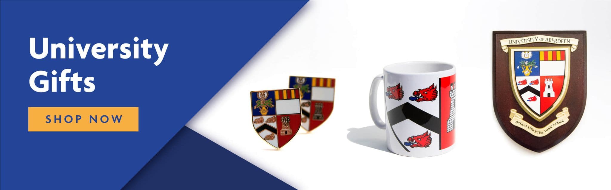 University Gifts to the left shop now button underneath picture of people in robes and graduation hats next to it