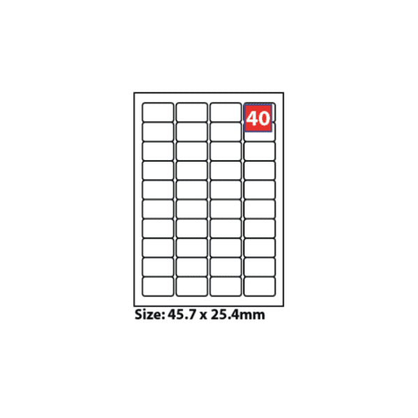 A4 Label Sheet - 40 per sheet 46mm x 25mm 100 sheets/pack