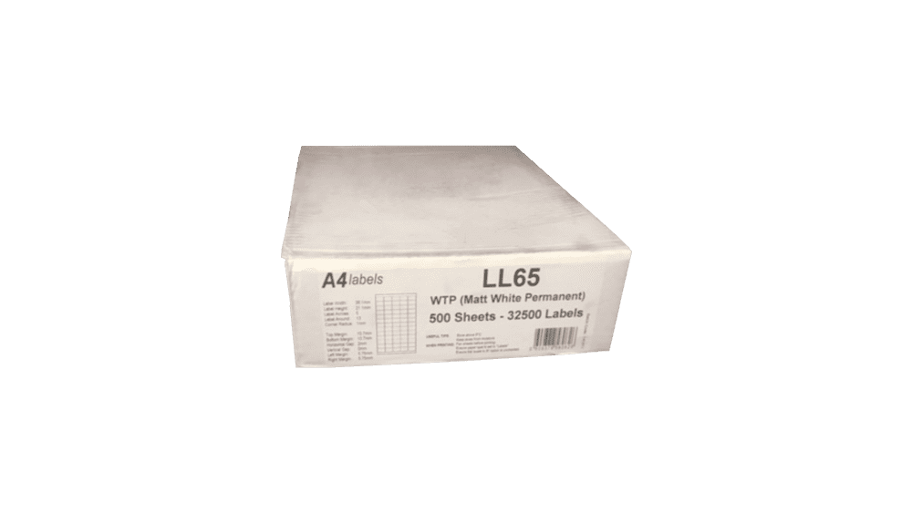 A4 Label Sheet - 65 per sheet 38mm x 21mm 100/pack