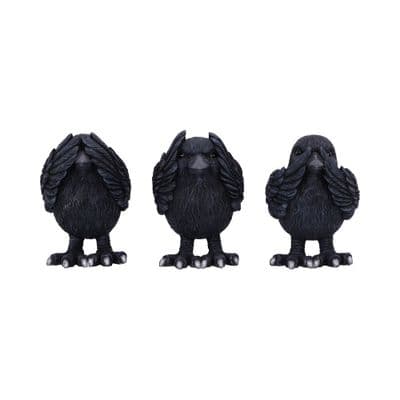 3 Wise Black Ravens See Hear Speak No Evil Figurines