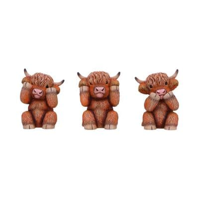 3 Wise Highland Cows See Hear Speak No Evil Figurines