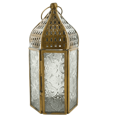 Antique Brass Effect Tea Light Lantern With Clear Glass