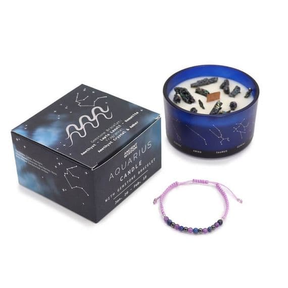 Aquarius Zodiac Star Sign Crystal Candle With Gemstone Bracelet | Soy Wax Candles Deal Kent