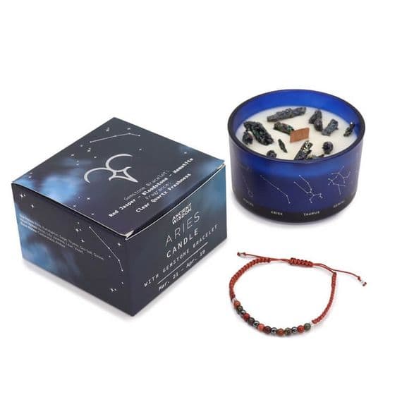 Aries Zodiac Star Sign Crystal Candle With Gemstone Bracelet | Soy Wax Candles Deal Kent