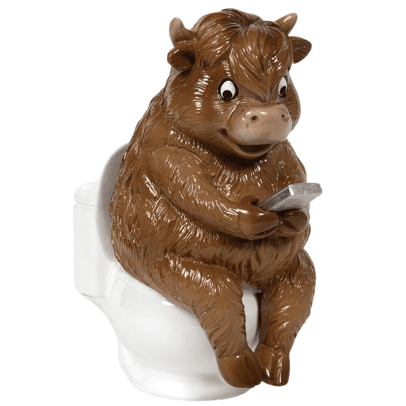 Cheeky Brown Highland Cow Mobile Phone On The Toilet Ornament | Leonardo Colection