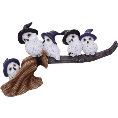 Feathered Baby Owls On A Broomstick Figurine