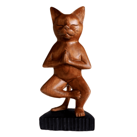Hand Carved One Leg Wooden Yoga Cat Vrikshsana