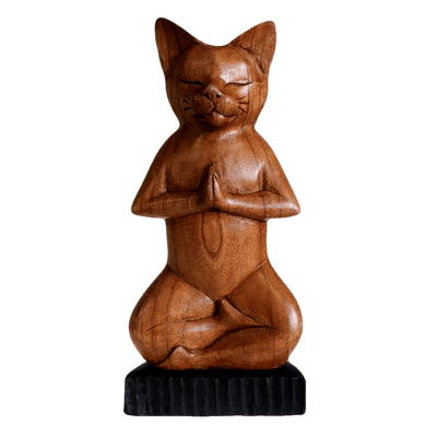 Hand Carved Wooden Yoga Cat Lotus Pose