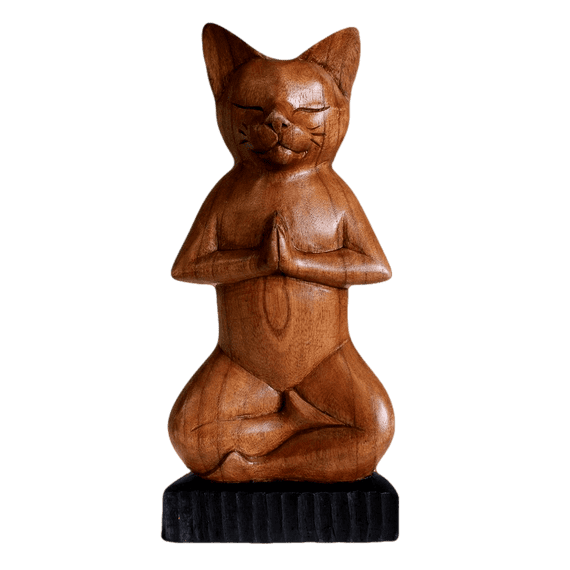 Hand Carved Lotus Pose Wooden Yoga Cat Padmasana