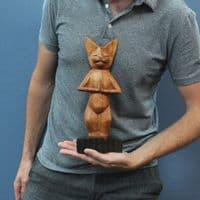 Hand Carved Standing Wooden Yoga Cat Pranamasana