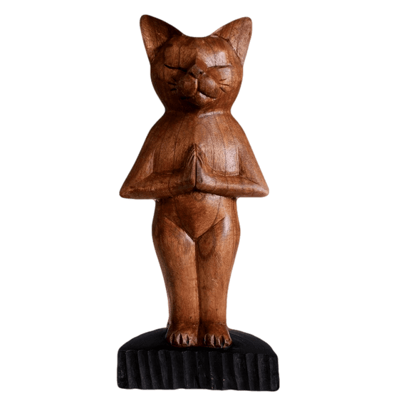 Hand Carved Standing Wooden Yoga Cat Pranamasana