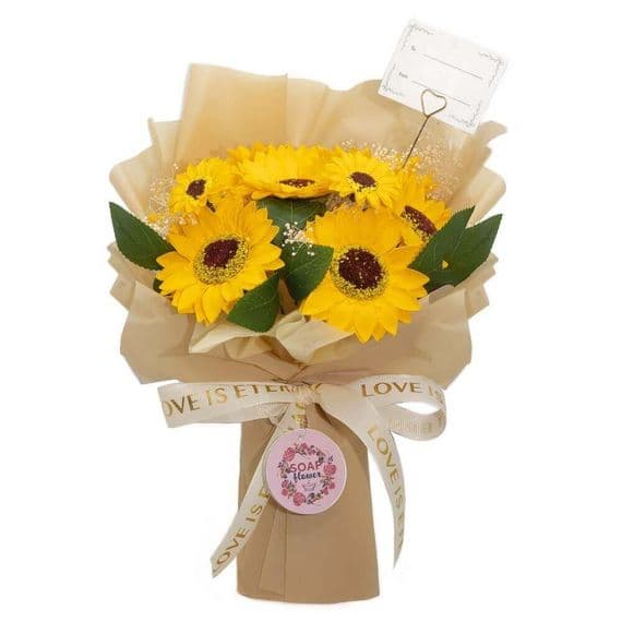 Large Yellow Sunflowers Bouquet With Love Is Eternal Gift Card | Soap Roses Deal