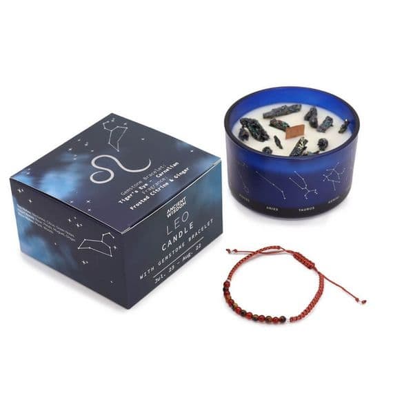 Leo Zodiac Star Sign Crystal Candle With Gemstone Bracelet | Soy Wax Candles Deal Kent