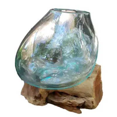 Recycled Molten Glass Bowl On Gamal Wood - Medium
