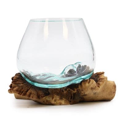 Recycled Molten Glass Bowl On Rare Parasite Wood