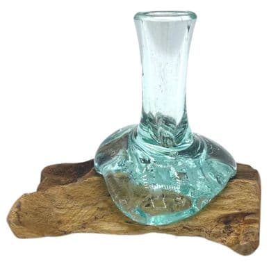 Recycled Molten Glass Small Flower Vase On Gamal Wood