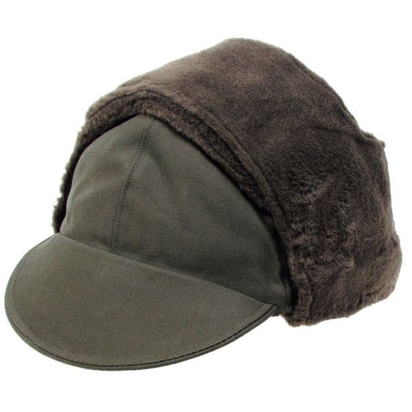 Ex-German Army Surplus Winter Hat Cap Lined Ear Flaps Green Grade 1