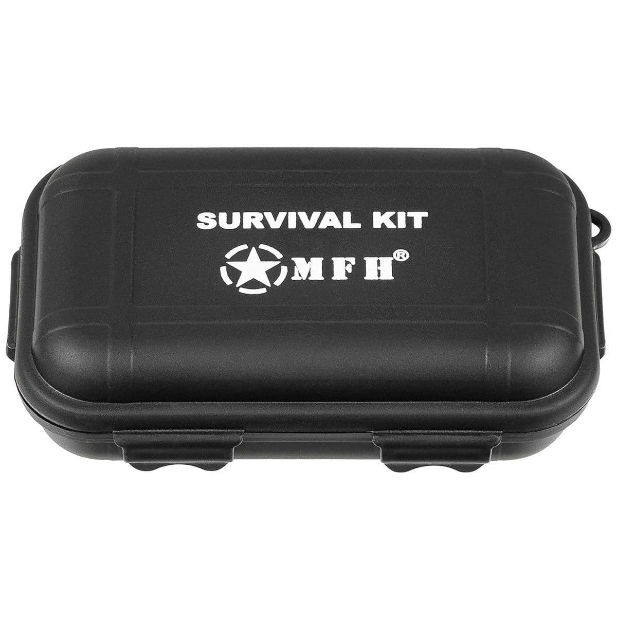 MFH Survival Kit Small 22 Piece Black Saw Fishing Kit Fire Starter Compass