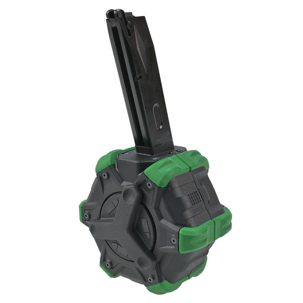 WE Airsoft Pistol Drum Magazine Black / Green 350rd M92 Series Gas