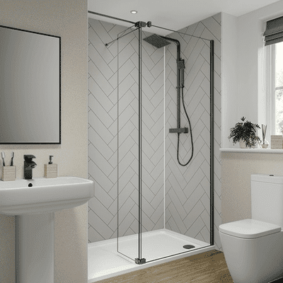 Alpine White Herringbone Tile Bathroom and Shower Panel