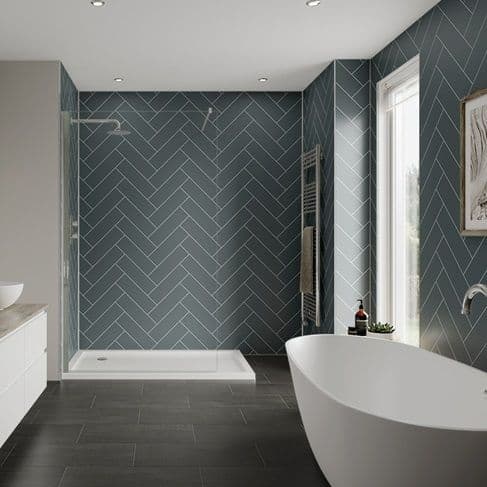 Monument Grey Herringbone Tile Bathroom and Shower Panel