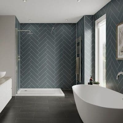 Monument Grey Herringbone Tile Bathroom and Shower Panel
