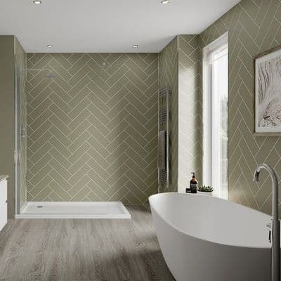 Sage Green Herringbone Tile Bathroom and Shower Panel