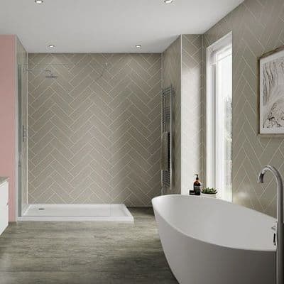Taupe Grey Herringbone Tile Bathroom and Shower Panel