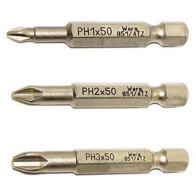 Wera  50mm Phillips Screwdriver Bit Set PH1 PH2 PH3 KK 851/4 TZ Kraftform Kompakt