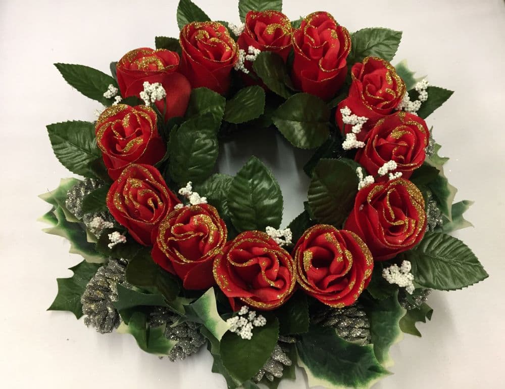 Red Roses Memorial Red Roses Silver Cones Memorial Wreath open