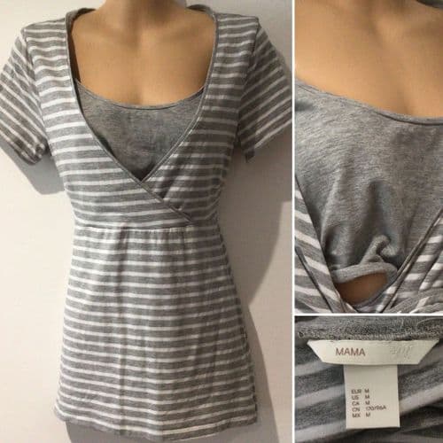 ⭐️H&M MAMA GREY STRIPE SHORT SLEEVED NURSING TOP SIZE M/12
