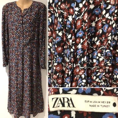 ⭐️ZARA BURGUNDY/BLUE FLORAL MIDI BUTTON DRESS SIZE M 12/14