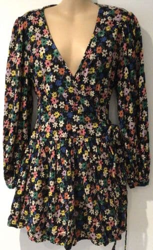 ASOS BLACK COTTON FLORAL WRAP DRESS SIZE 12