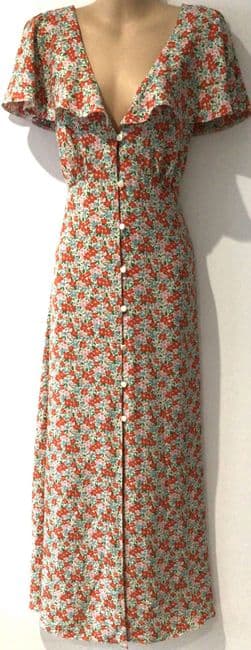 ASOS FLUTTER SLEEVE FLORAL BUTTON MIDI DRESS NEW SIZE 14