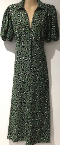 ASOS GREEN LEOPARD BUTTON MIDI DRESS SIZE 10