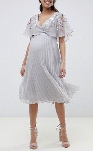 ASOS MATERNITY GREY PLEATED MIDI EMBROIDERED DRESS SIZE 10