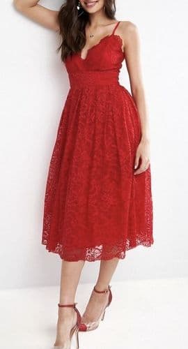 ASOS RED LACE CAMI MIDI OCCASION DRESS BNWT SIZE 14