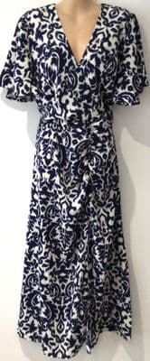 AX PARIS BLUE/IVORY WRAP MIDI OCCASION DRESS SIZE 16
