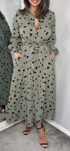 AX PARIS KHAKI SPOTTY MIDI SHIRT DRESS SIZE 14