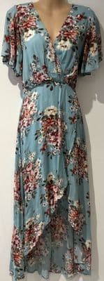 AZALOSIE TEAL FLORAL WATERFALL WRAP DRESS SIZE XS 6