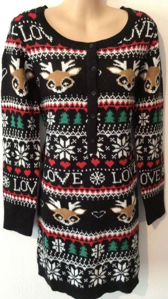 BLACK FESTIVE CHRISTMAS KNITTED JUMPER DRESS NEW SIZES 10/12 & 12/14