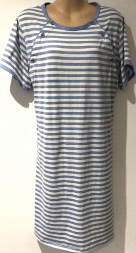 BLUE/WHITE STRIPE BUTTON SHOULDER MATERNITY & NURSING NIGHTDRESS SIZE M 12/14