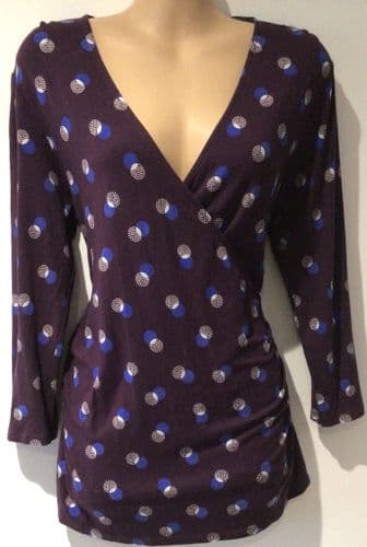 BODEN AUBERGINE CIRCLE PRINT WRAP TOP SIZE 16R