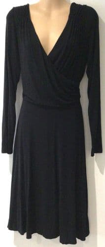 BODEN BLACK RUCHED JERSEY WRAP MIDI DRESS SIZE 12R