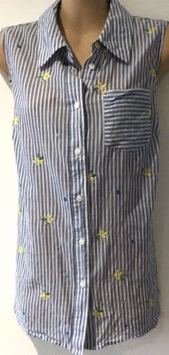 BODEN BLUE/WHITE STRIPE COTTON EMBROIDERED SLEEVELESS SHIRT SIZE 14R