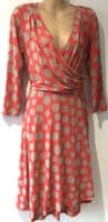 BODEN CORAL TAUPE CIRCLE PRINT WRAP MIDI DRESS SIZE 14R