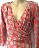 BODEN CORAL TAUPE CIRCLE PRINT WRAP MIDI DRESS SIZE 14R