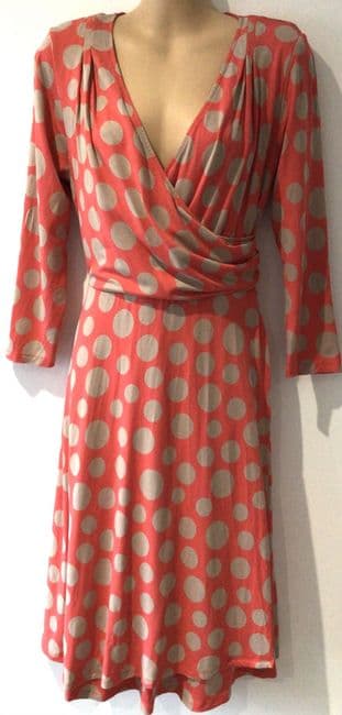 BODEN CORAL TAUPE CIRCLE PRINT WRAP MIDI DRESS SIZE 14R