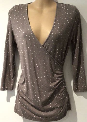 BODEN MOLE BROWN SPOTTY WRAP 3/4 SLEEVE JERSEY TOP SIZE 10